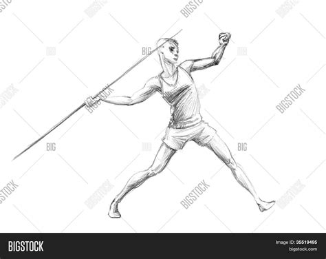 Hand Drawn Sketch Pencil Illustration Athletes Javelin Throw High