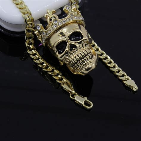 Mens Gold Plated King Head Skull Pendant 24 Cuban Chain Hip Hop Necklace D603 Fashion Jewelry