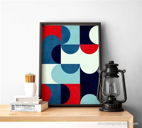 Geometric Wall Art in Red Blue & White Colors, Semicircles Modern Art ...