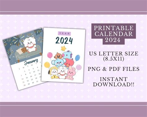 Bt21 Printable Calendar 2024 Bts Digital Calendar Wall Desk Calendar Etsy