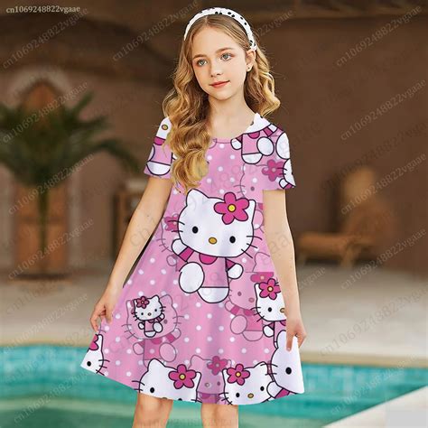 Summer Girls Dress Sanrio Hello Kitty Dress Women Short Sleeve Costume Princess Party Dresses