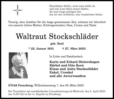 Traueranzeigen Von Waltraut Stockschl Der Rz Trauer De