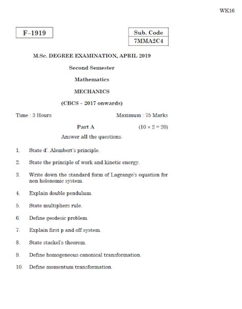 Alagappa University M Sc Mathematics MECHANICS APRIL 2019 Question