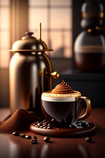 Premium AI Image Cup Of Hot Coffee With Cinnamon On Saucer And Beans On Realistic