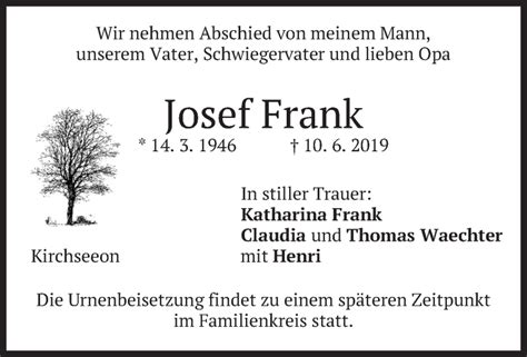 Traueranzeigen Von Josef Frank Trauer Merkur De