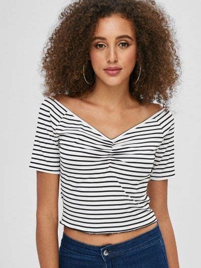 Zaful Striped V Neck Crop Knit Tee Fashion Tees Women Lace Top Long