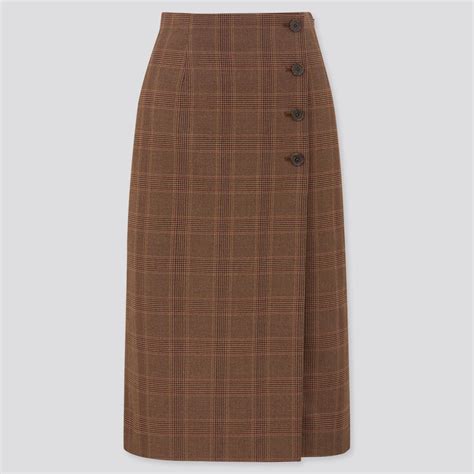 Women Side Button Checked Wrap Skirt Uniqlo Us