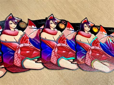 Kitsune Fox Girl Waifu Holographic Vinyl Sticker With 3d Textures Yokai Series Etsy