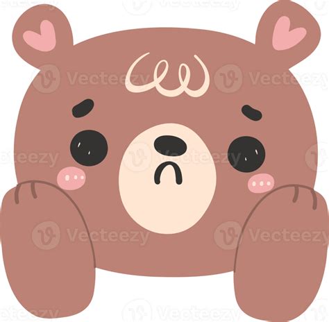 Cute Sad Brown Bear Face With Hands Kawaii Animal Woodland Cartoon