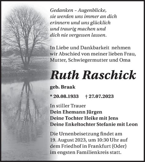 Traueranzeigen Von Ruth Raschick M Rkische Onlinezeitung Trauerportal