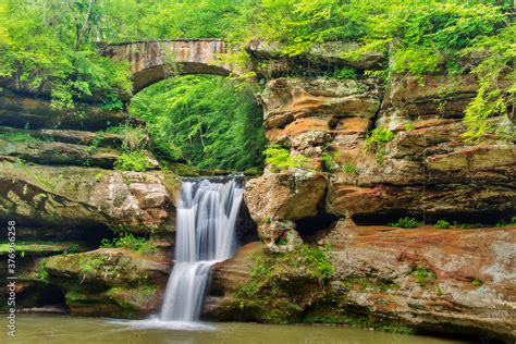 The Upper Falls And Bridge In Hocking Hills State Park Ohio Stock