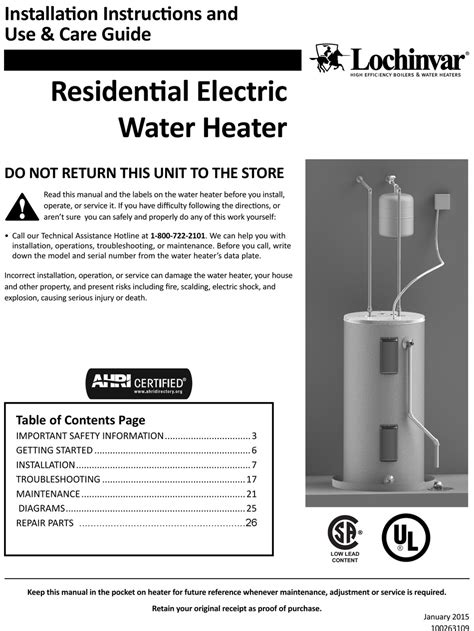 LOCHINVAR KSA040KDB INSTALLATION INSTRUCTIONS AND USE CARE MANUAL Pdf