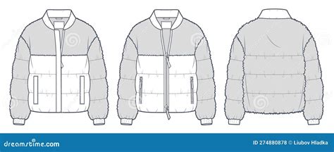 Fur Bomber Jacket Technical Fashion Illustration Down Jacket Outerwear Fashion Flat Technical