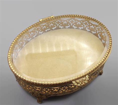 Gold Ormolu Filigree Jewelry Casket Box Vintage Oval Gem