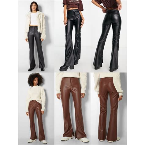 Jual Bershka Split Hem High Waisted Faux Leather Flared Trouser