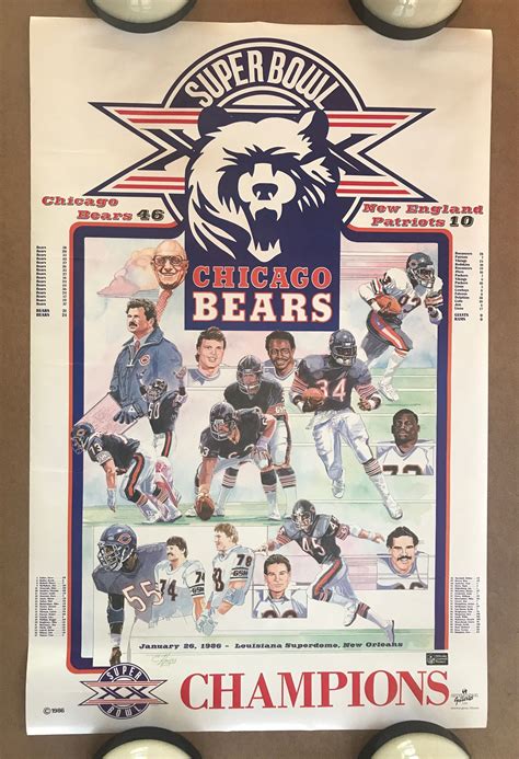 Vintage Original 1980s Chicago Bears Vs New England Patriots Super Bowl XX Poster 1986 Champions ...