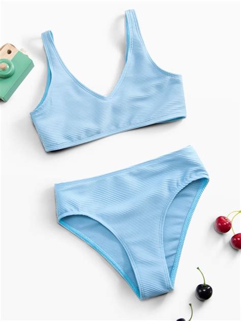 Girls Plain Rib Bikini Swimsuit Shein