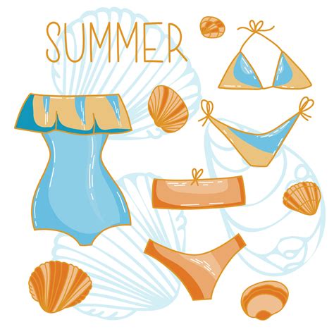 conjunto vectorial de trajes de baño de dibujos animados y elementos de ropa interior de bikini