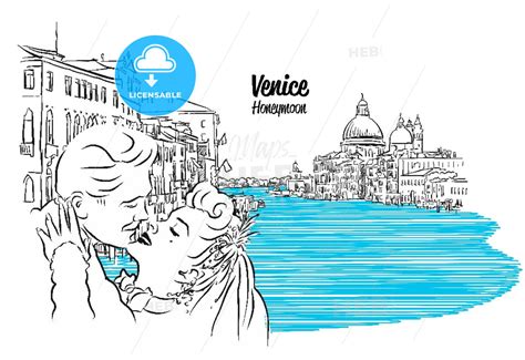 Venice Skyline With Kissing Vintage Couple Sketch Hebstreits