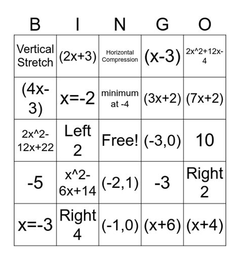 Quadratic Review Bingo Card