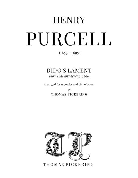 Dido S Lament For Recorder And Organ Piano Arr Thomas Pickering