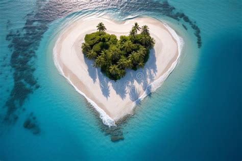 Secluded Tropical Heart Shaped Island With White Palm Trees And Sand