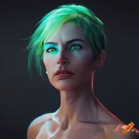 Portrait Of A Futuristic Woman With Short Green Hair And Big Green Eyes