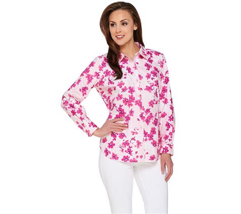 Susan Graver Printed Stretch Cotton Long Sleeve Button Front Shirt