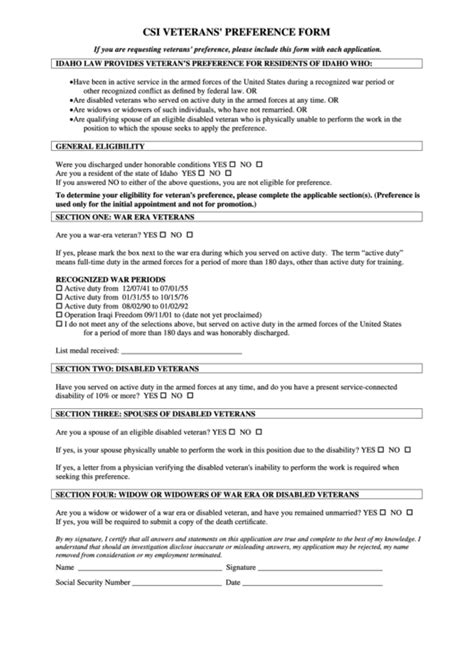 Fillable Csi Veterans Preference Form Idaho Printable Pdf Download