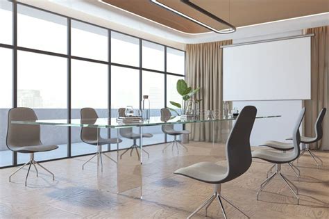 Bright Conference Room Interior With Empty White Mock Up Poster Window