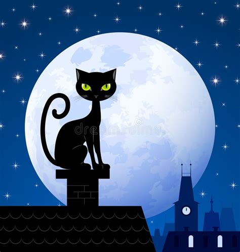 Gato Preto Na Chaminé Lua E Noite Estrelado Ilustração do Vetor