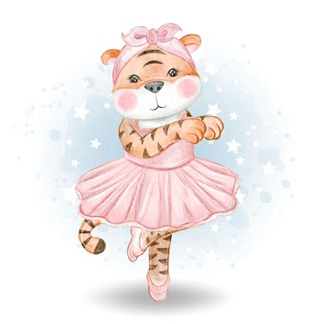 Ilustra O Em Aquarela De Bailarina Tigre Bonitinha Vetor Premium