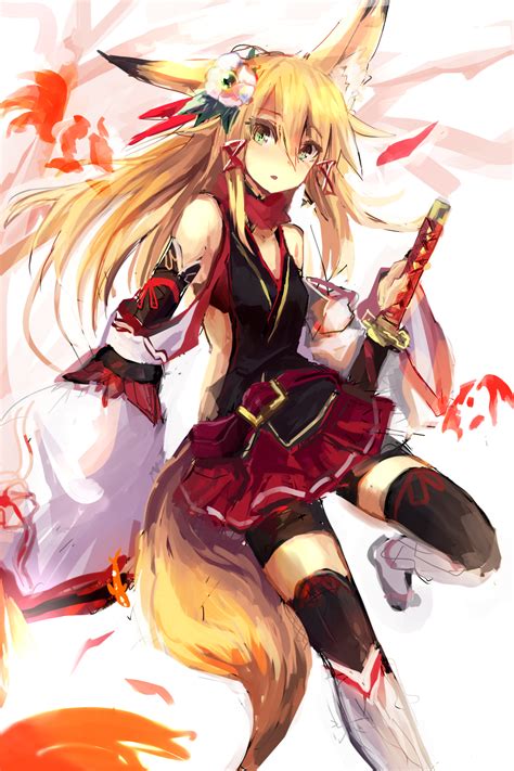 Safebooru 1girl Animal Ears Belt Blonde Hair Fox Ears Fox Tail Green