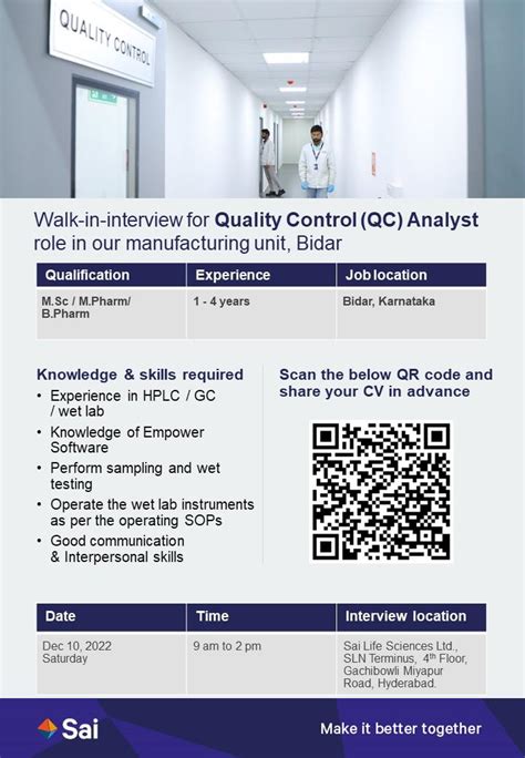 Sai Life Sciences Ltd Walk In Interview For Quality Control Qc