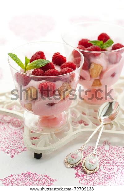 Raspberry Dessert Cream Biscuits Glasses Stock Photo 79705138