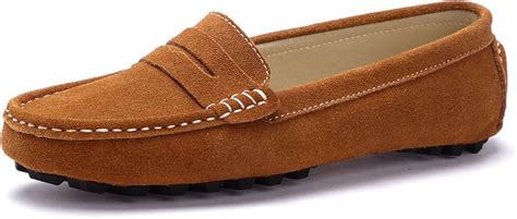 Sunrolan Rebacca Womens Suede Leather Driving Moccasins Slip On Penny Loafers Flats Boat Shoes