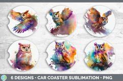 Rainbow Scops Owl Car Coaster Sublimation Coaster Designs