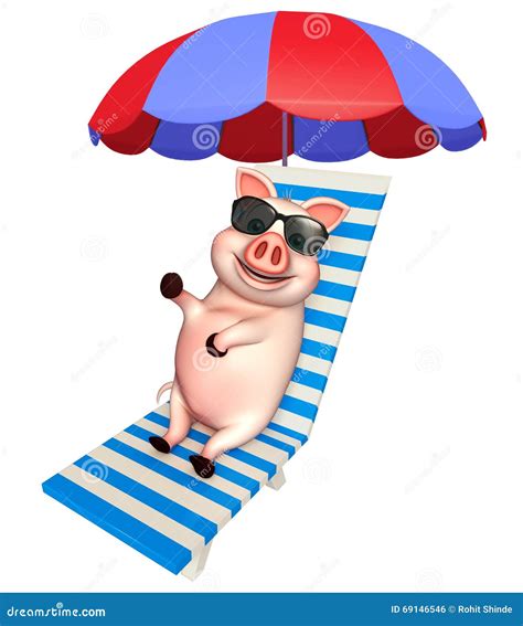 Cute Pig Cartoon Character With Sunglass And Beach Chair Stock