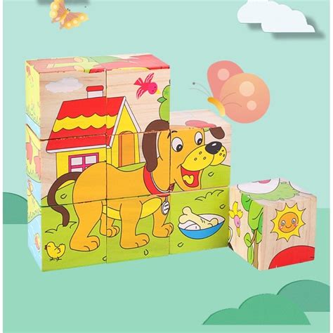 Jual Puzzle Balok Kayu Kubus Susun 6 Gambar Wooden Cartoon Block