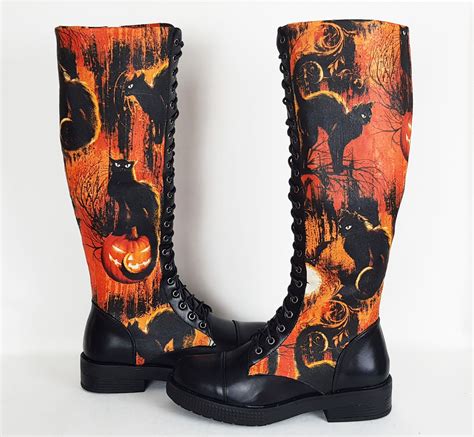 Halloween Halloween Boots Pumpkin Black Cat Goth Shoe Etsy Uk