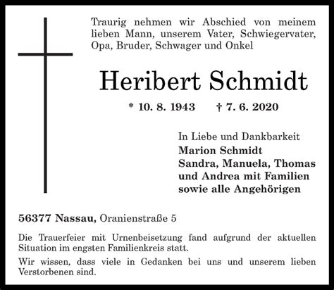 Traueranzeigen Von Heribert Schmidt Rz Trauer De