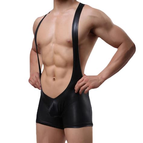 Men Sexy Lingerie Faux Leather Jockstrap Bodywear Wrestling Singlets