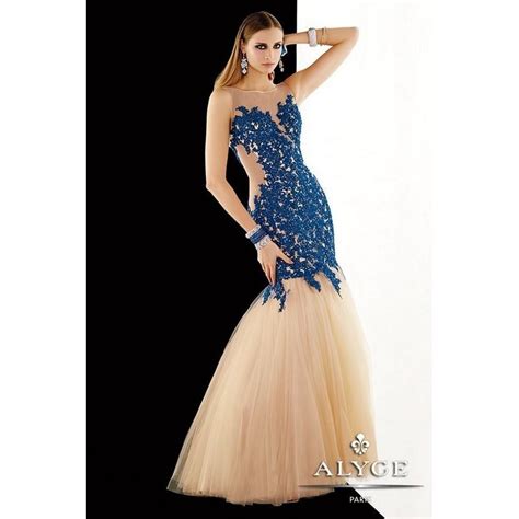 Alyce Tulle Trumpet Skirt Dropped Waist Sheer Bateau Neckline