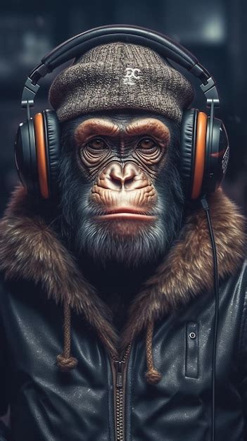 Premium Ai Image Monkey With Headphones In The Dark