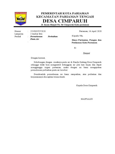 Surat Permohonan Perbaikan Pintu Air Pdf