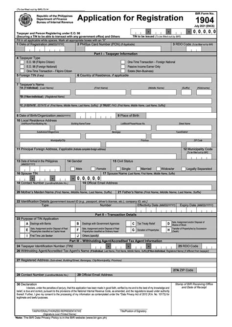 Bir Form 1904 Application For Registration For Taxpayer And Person