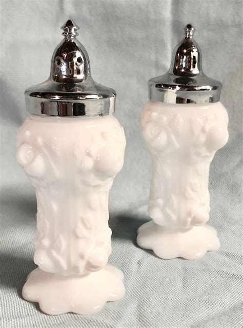 Vintage White Milk Glass Salt And Pepper Shakers Rose Embossed Design