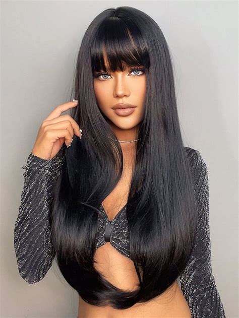 Natural Long Straight Synthetic Wig With Bangs Long Hair Wigs Long Hair With Bangs