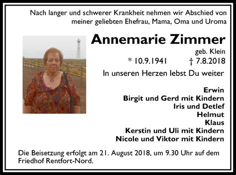 Traueranzeigen Von Annemarie Zimmer Trauer In Nrw De