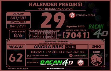 Kalender Prediksi Togel Kowloon Pools 29 Agustus 2020 Bacan4D